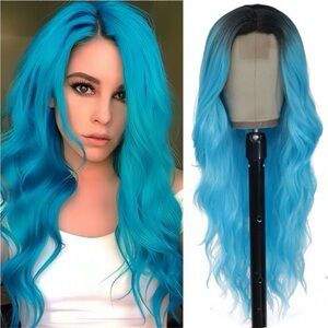 Blue Long Wavy Lace Front Wig - Synthetic Women's Hair